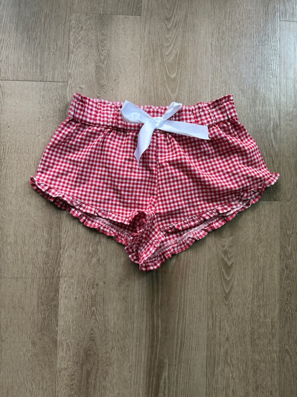 Red Gingham Ruffle Shorts with White Bow